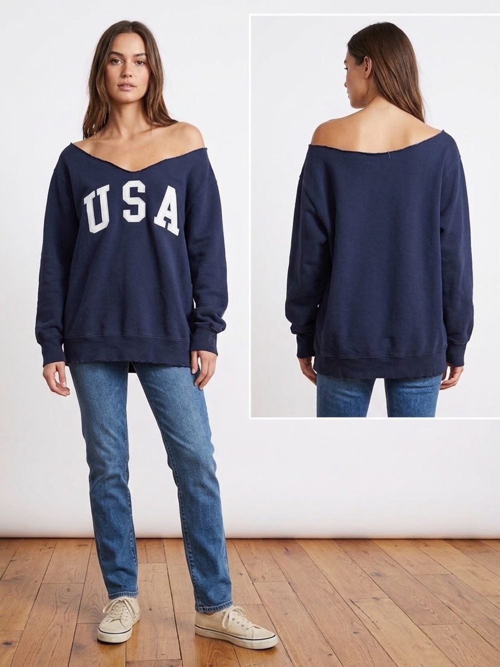 J Galt Off-the-Shoulder Navy Women's Sweatshirt with USA Appliqué